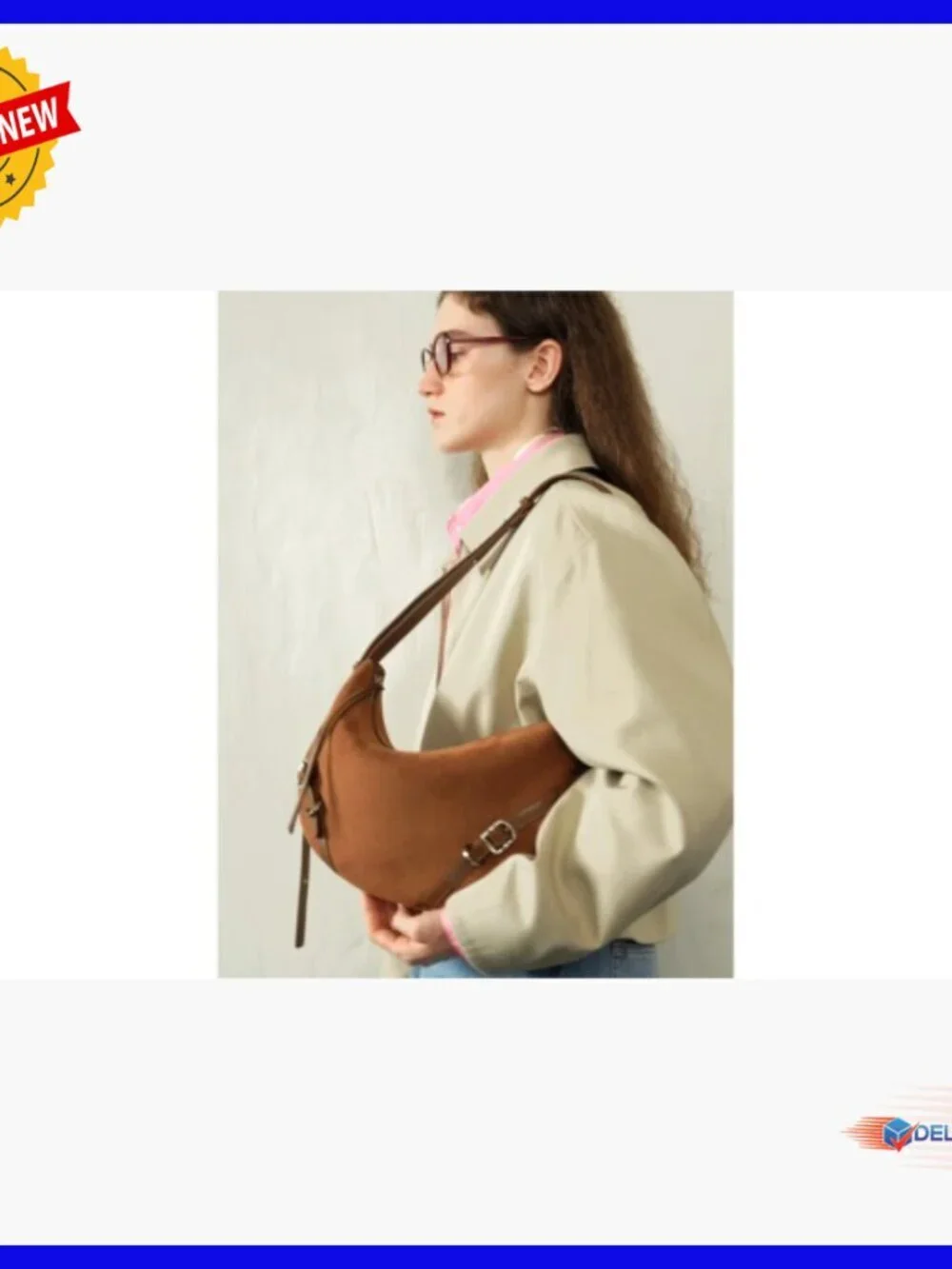 Split Leather Hobo Shoulder Bag with Adjustable Strap, Zipper Closure